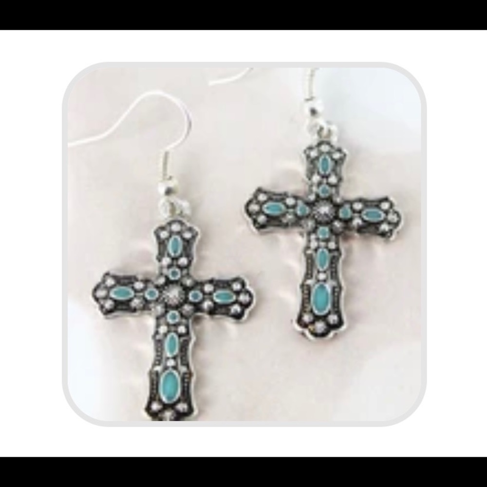 Earrings—antique silver tone and turquoise cross
